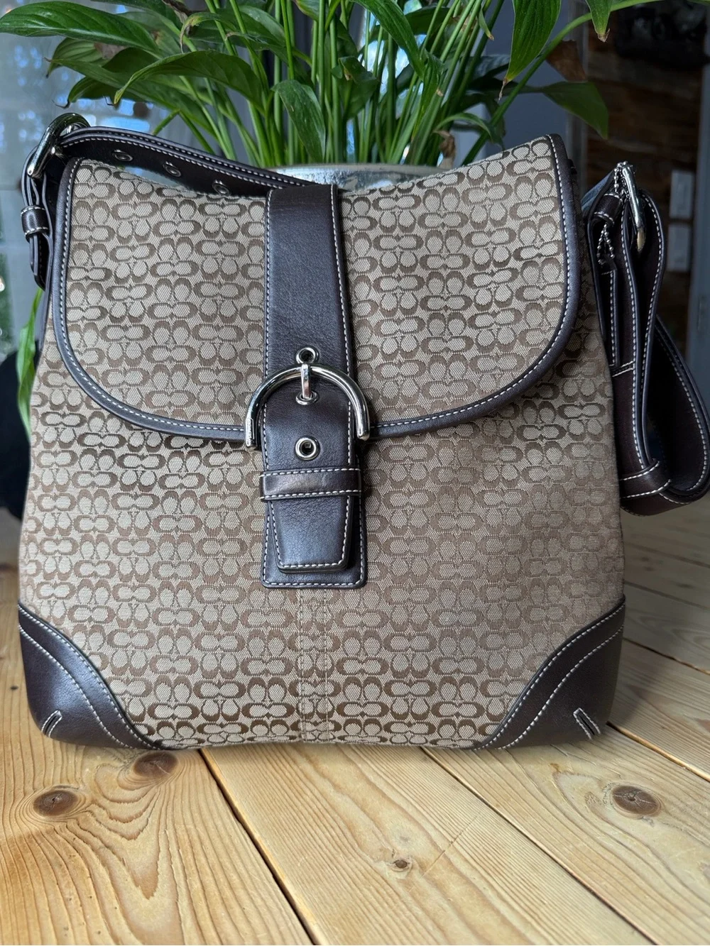 Coach Authentic Vintage Leather-Trim Brown Signature Crossbody Bag